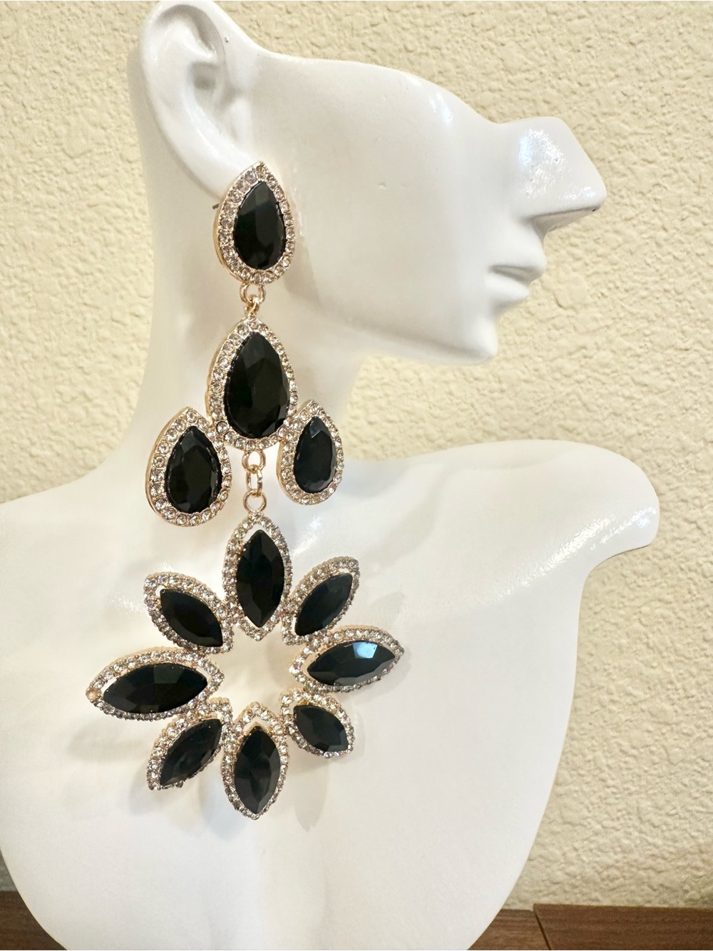 Fashion Jewelry Gold-Tone Black Teardrop & Floral Chandelier Earrings